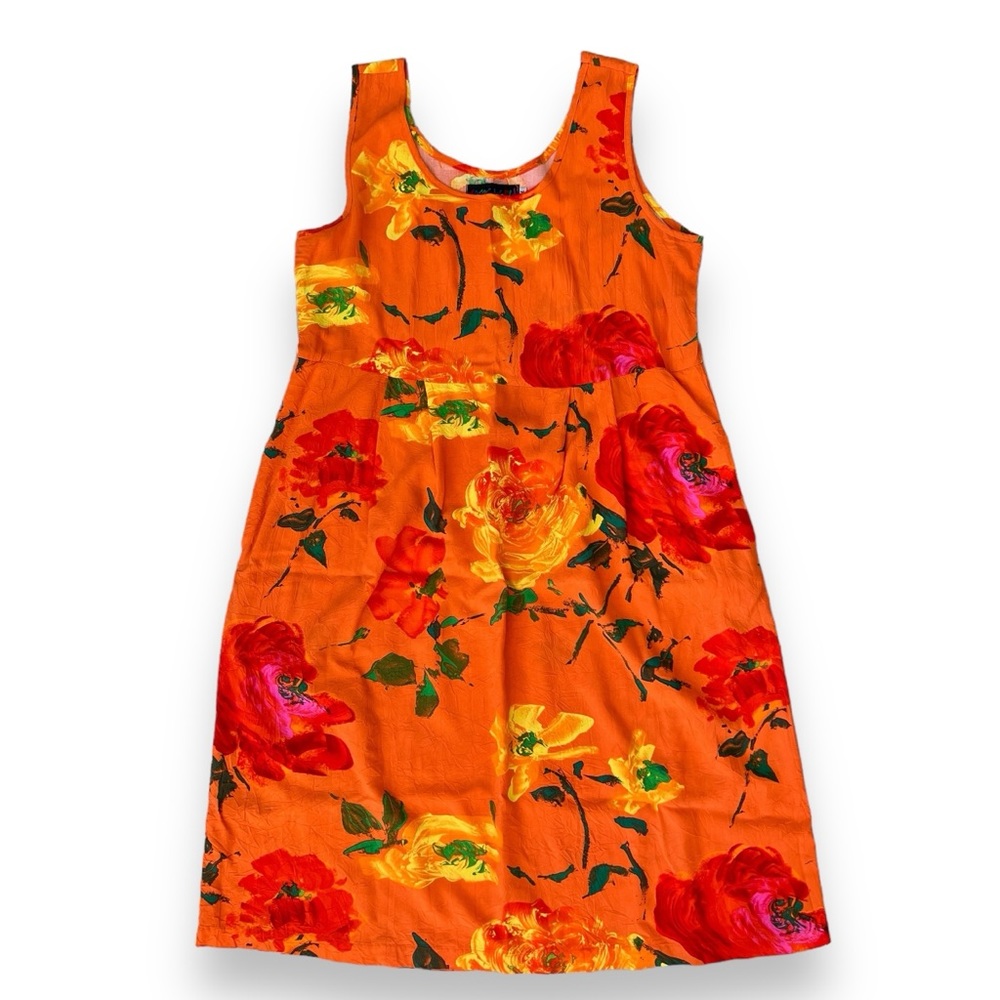 Vintage Jams World Dress Orange Yellow Pink Flower Print Midi Dress